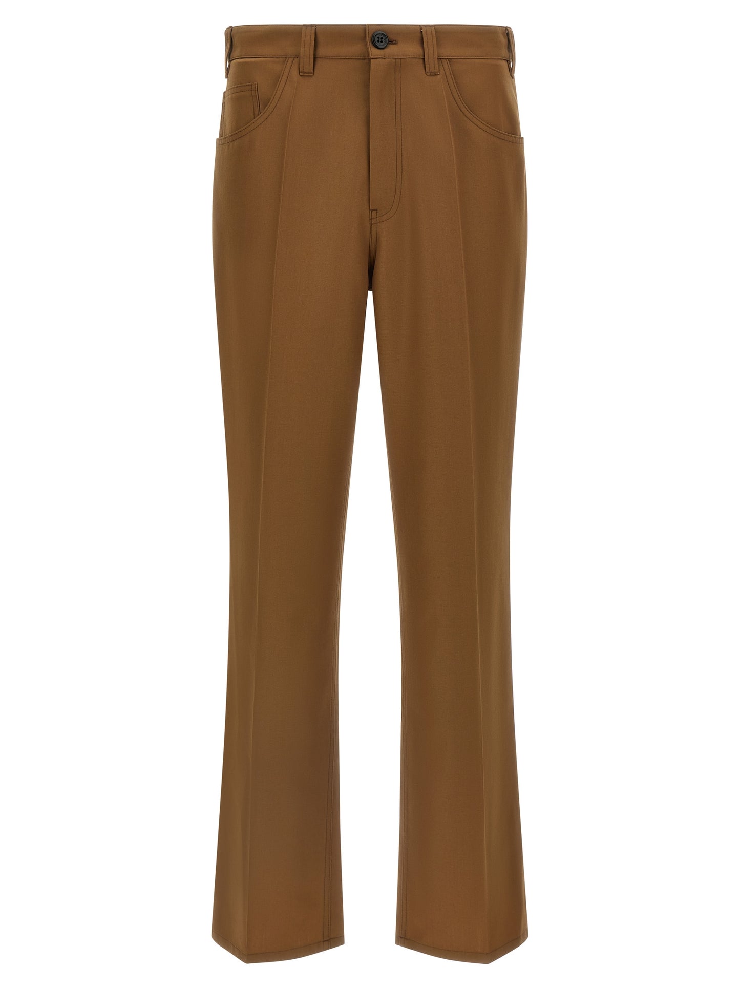 Trousers by Marni for men in polyester & virgin wool brown presents a perennial silhouette, meticulously tailored with a straight-leg & relaxed-fit cut, long finish, and an elegant .
