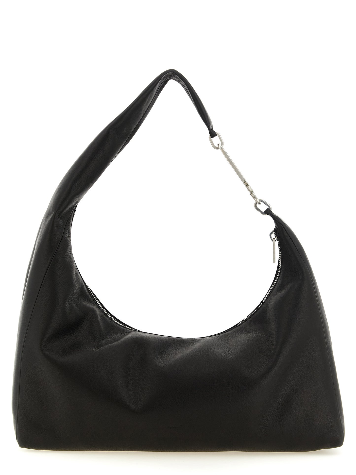 Shoulder Crescent Bag by Rick Owens for women in calfskin leather black, silver, signature & striped showcases a enviable silhouette, artfully detailed with a secure zipper, organized , and versatile shoulder-strap & handle for a enviable look.