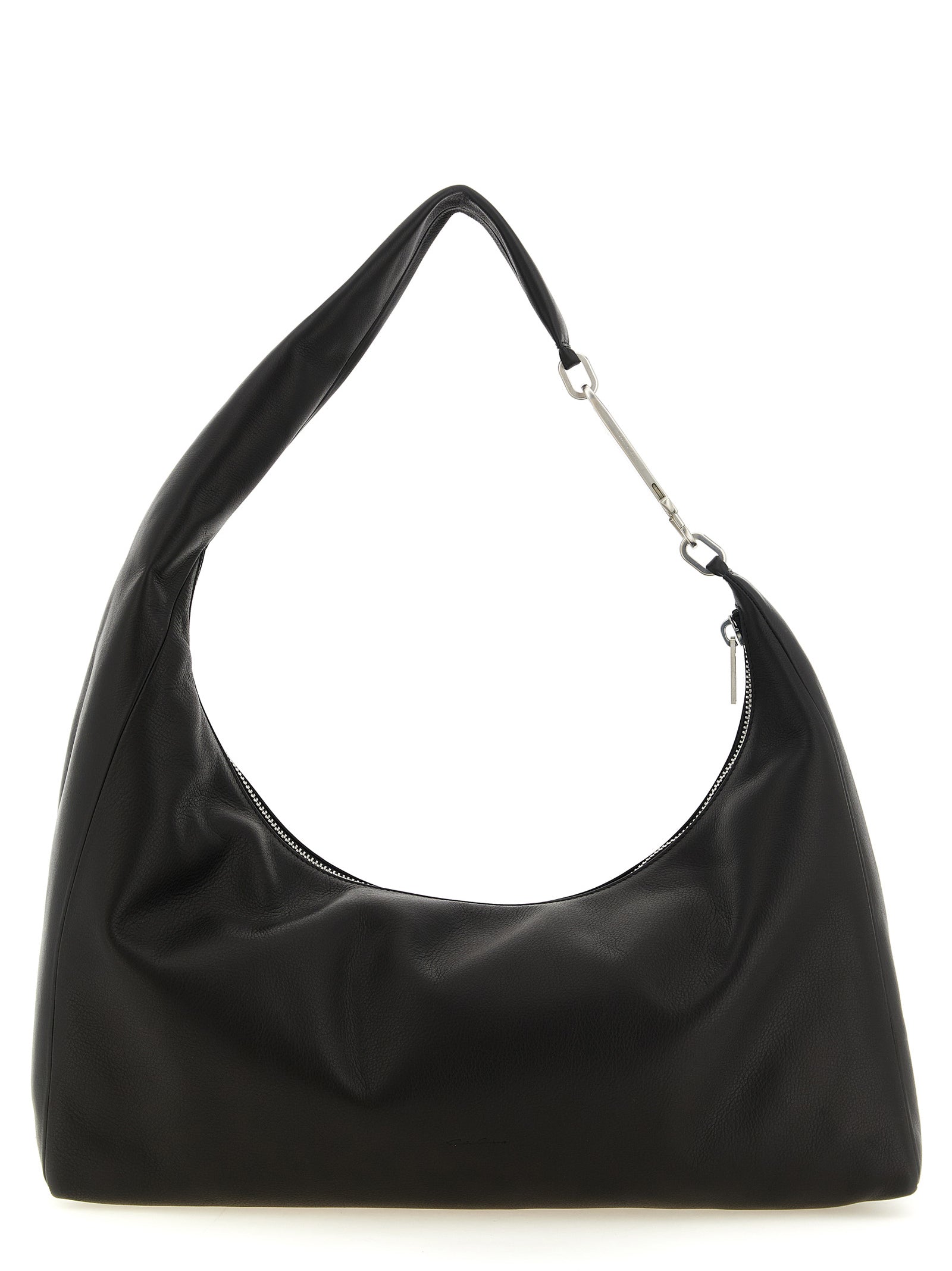Shoulder Crescent Bag by Rick Owens for women in calfskin leather black, silver, signature & striped showcases a enviable silhouette, artfully detailed with a secure zipper, organized , and versatile shoulder-strap & handle for a enviable look.