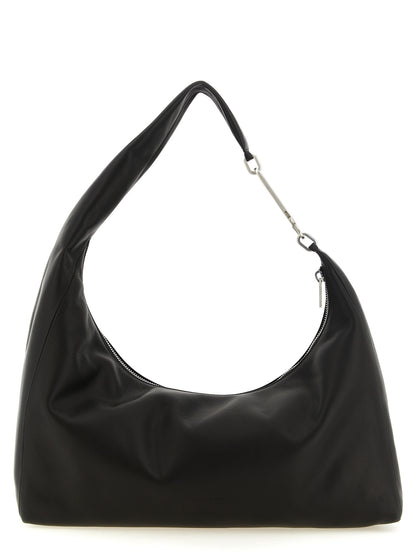 Shoulder Crescent Bag by Rick Owens for women in calfskin leather black, silver, signature & striped showcases a enviable silhouette, artfully detailed with a secure zipper, organized , and versatile shoulder-strap & handle for a enviable look.