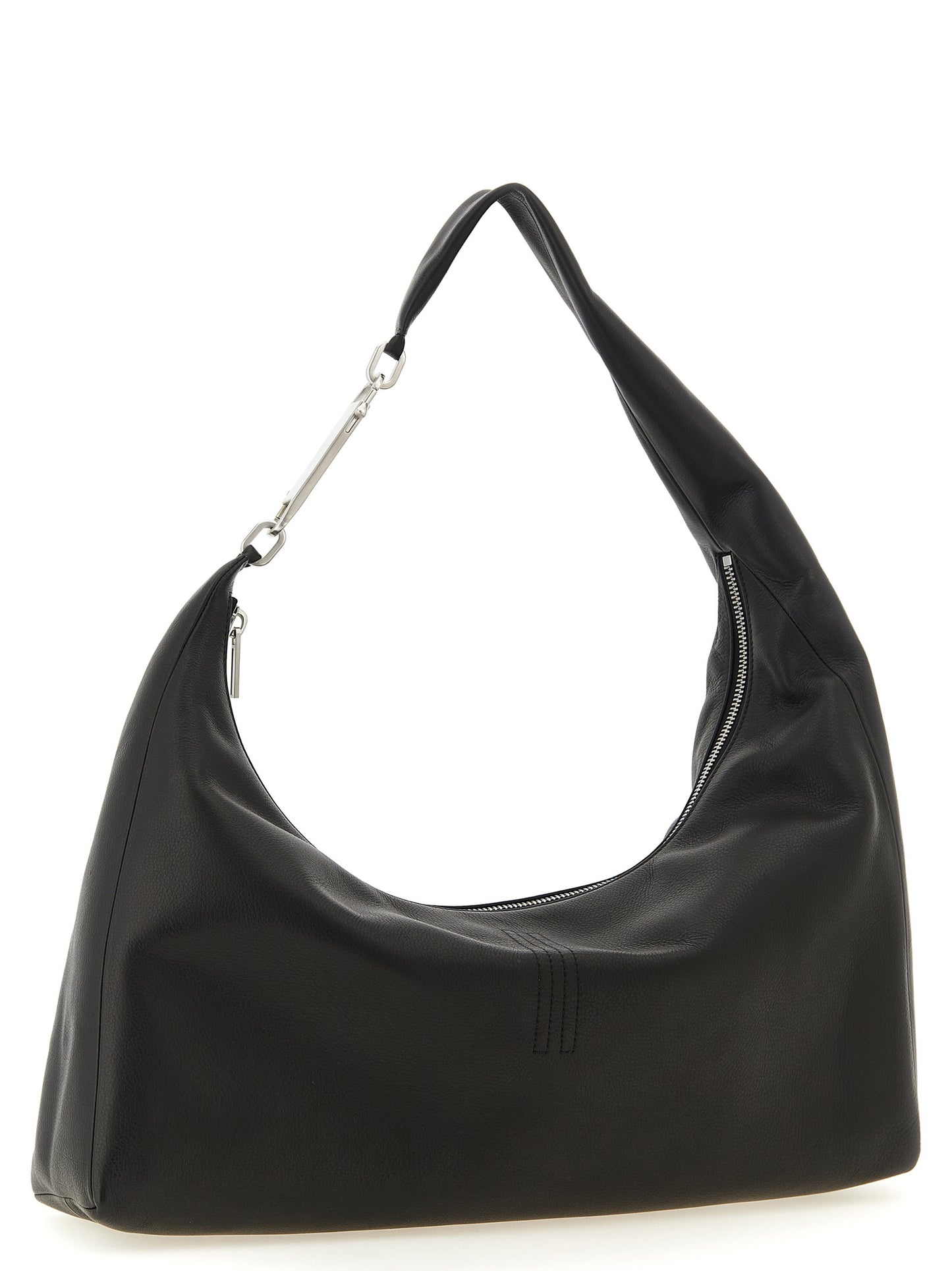 Shoulder Crescent Bag by Rick Owens for women in calfskin leather black, silver, signature & striped features a effortless sophistication silhouette, secured by a zipper with ample and versatile shoulder-strap & handle for a effortless sophistication finish.