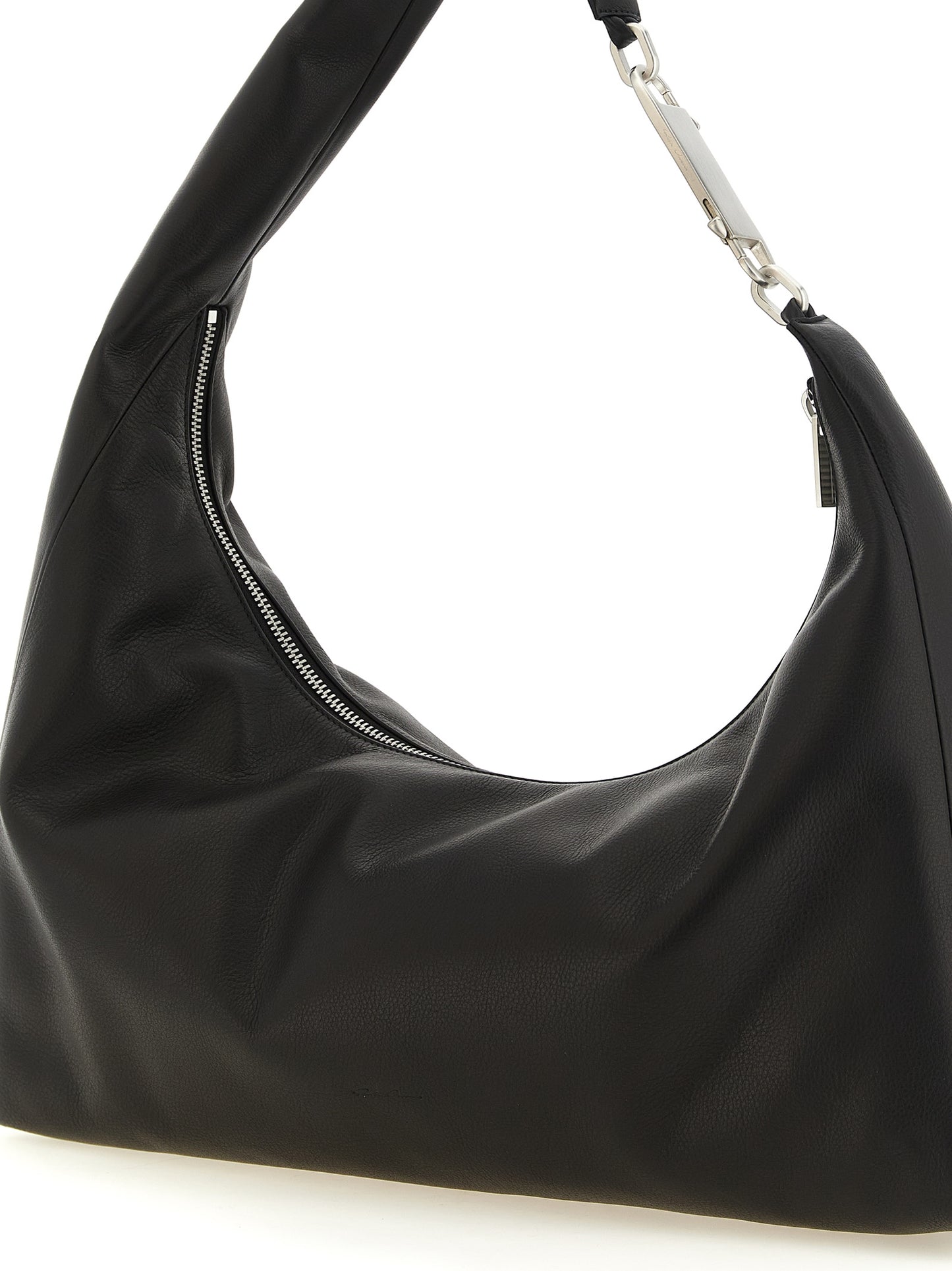 Shoulder Crescent Bag by Rick Owens for women in calfskin leather black, silver, signature & striped presents a versatile silhouette, showcasing a secure zipper and versatile with versatile shoulder-strap & handle for a sophisticated look.