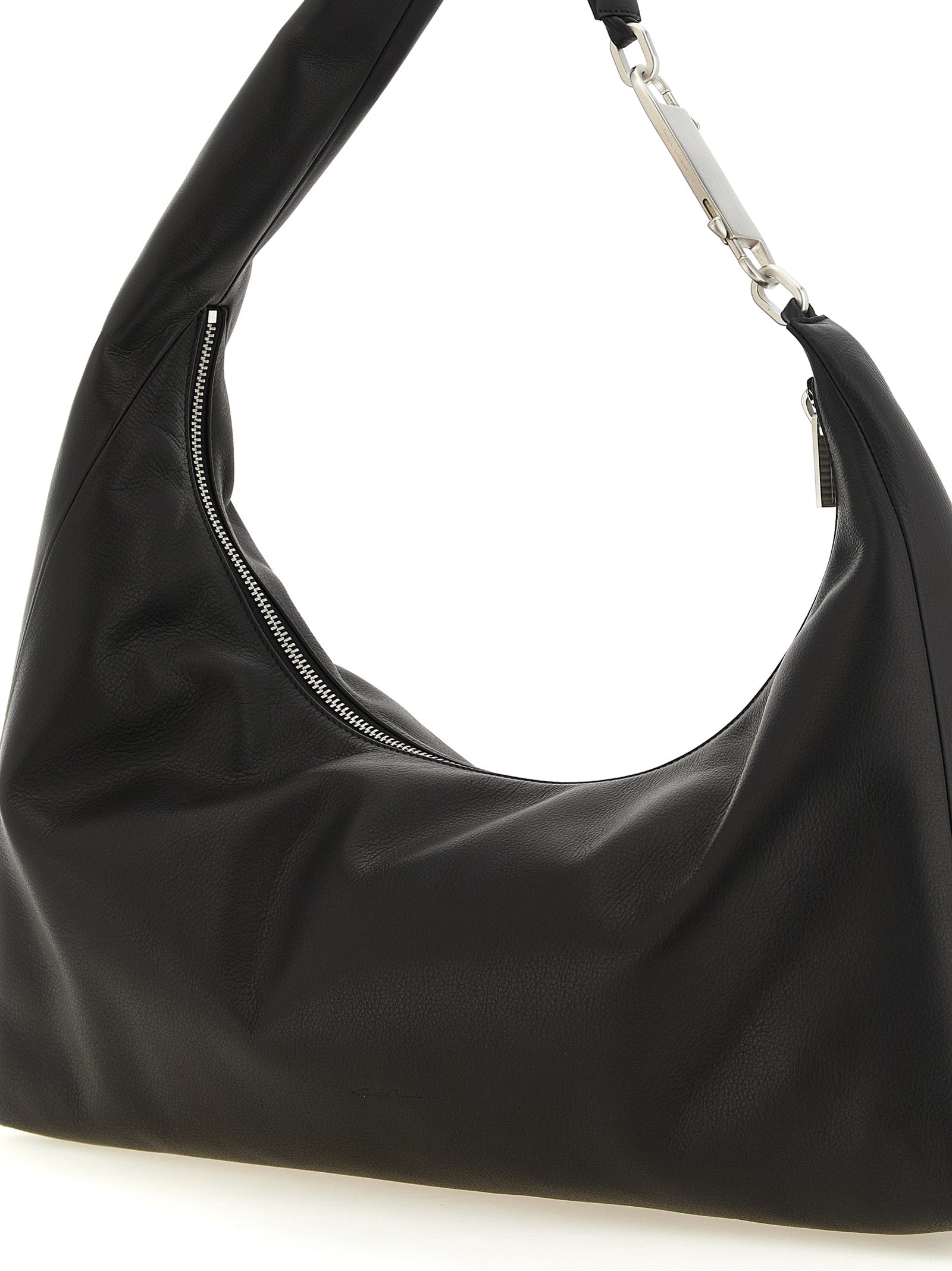 Shoulder Crescent Bag by Rick Owens for women in calfskin leather black, silver, signature & striped presents a versatile silhouette, showcasing a secure zipper and versatile with versatile shoulder-strap & handle for a sophisticated look.