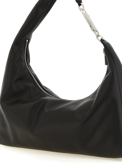 Shoulder Crescent Bag by Rick Owens for women in calfskin leather black, silver, signature & striped presents a versatile silhouette, showcasing a secure zipper and versatile with versatile shoulder-strap & handle for a sophisticated look.