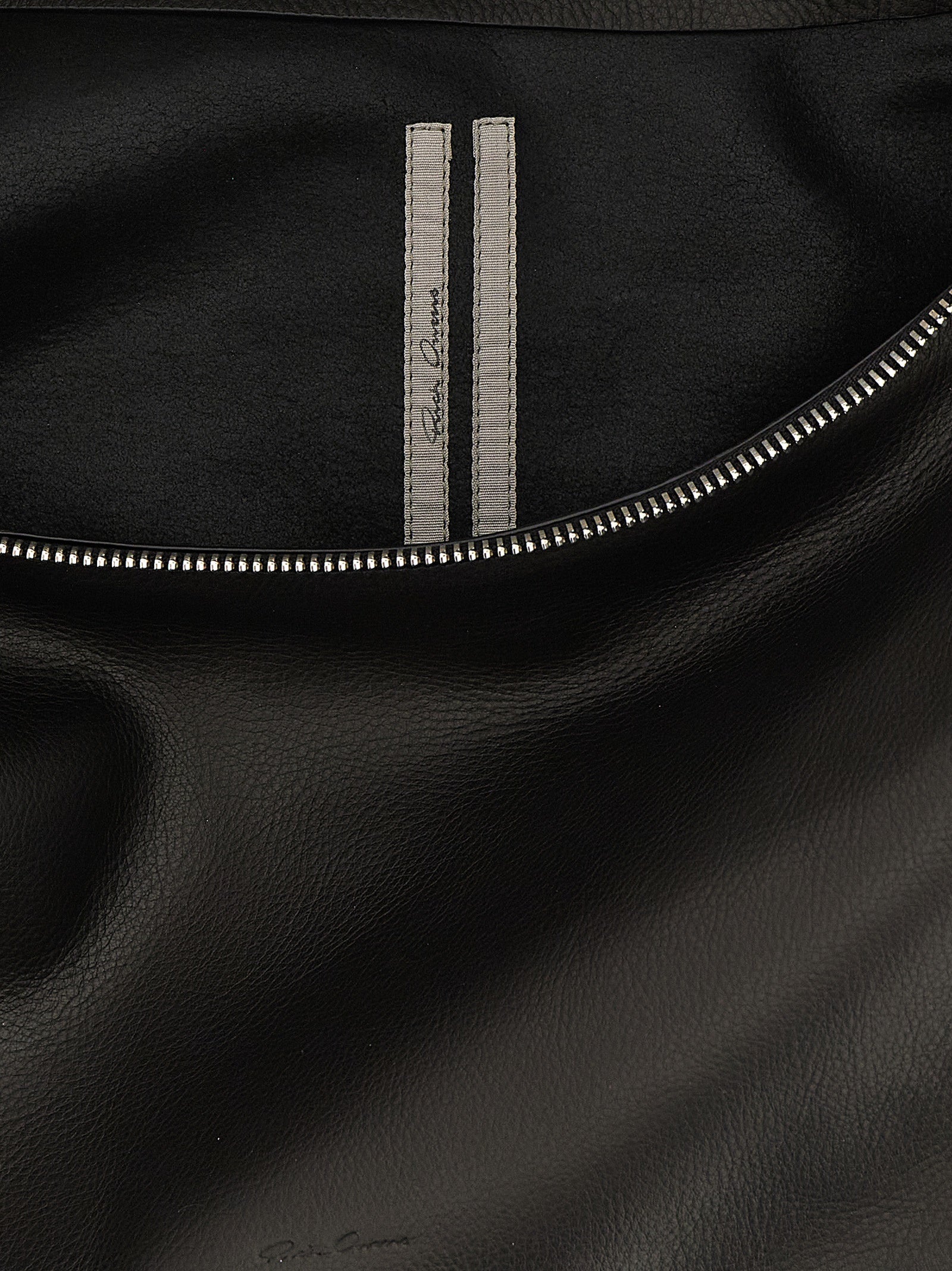 Shoulder Crescent Bag by Rick Owens for women in calfskin leather black, silver, signature & striped features an effortlessly chic silhouette with a secure zipper, ample , and versatile shoulder-strap & handle for effortlessly chic everyday luxury.
