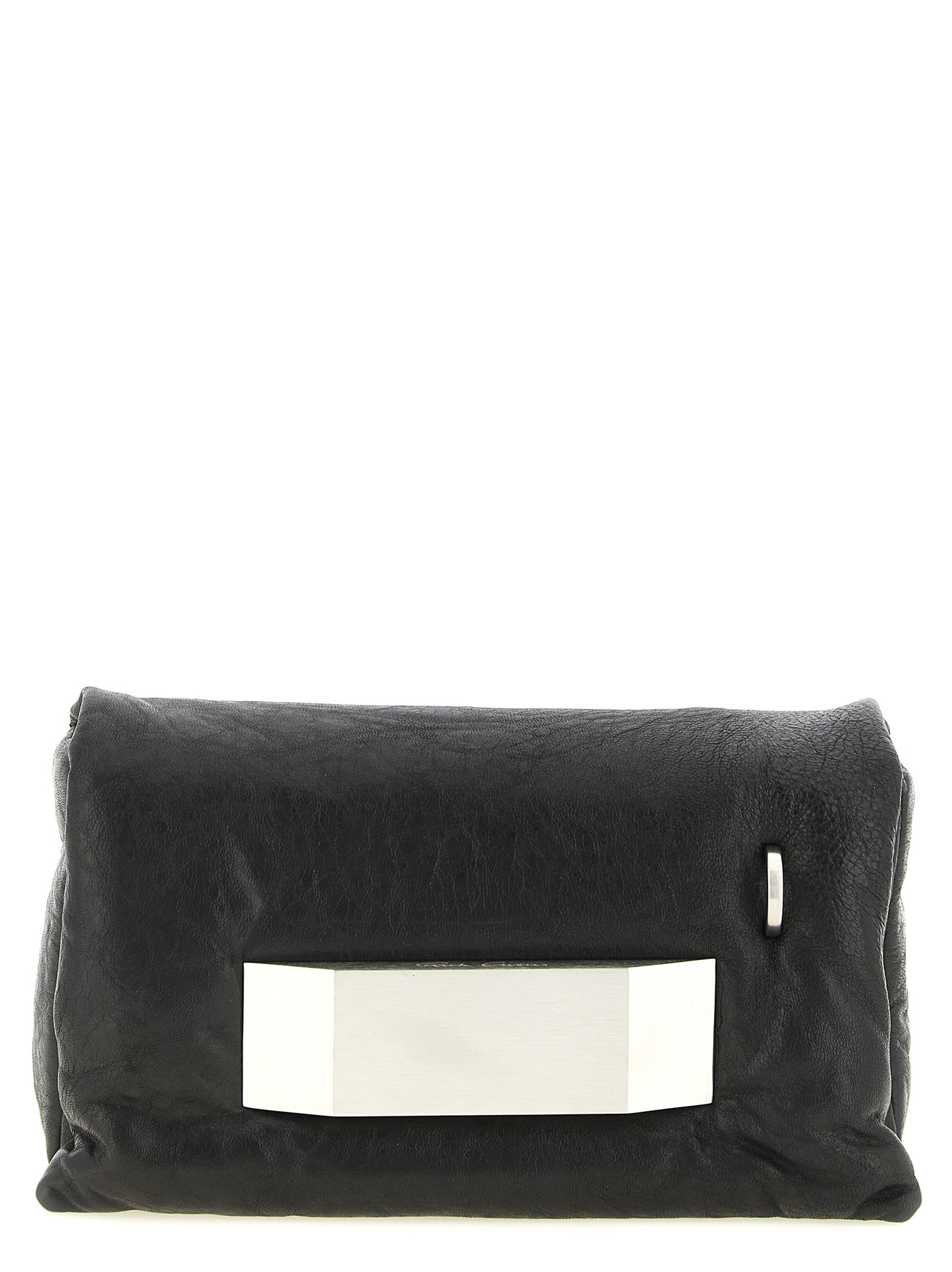 Flap Clutch Handbag by Rick Owens for women in lambskin leather polyester & palladium black & palladium showcases a sculptural silhouette, featuring a secure flap, ample , and versatile for a sculptural finish.