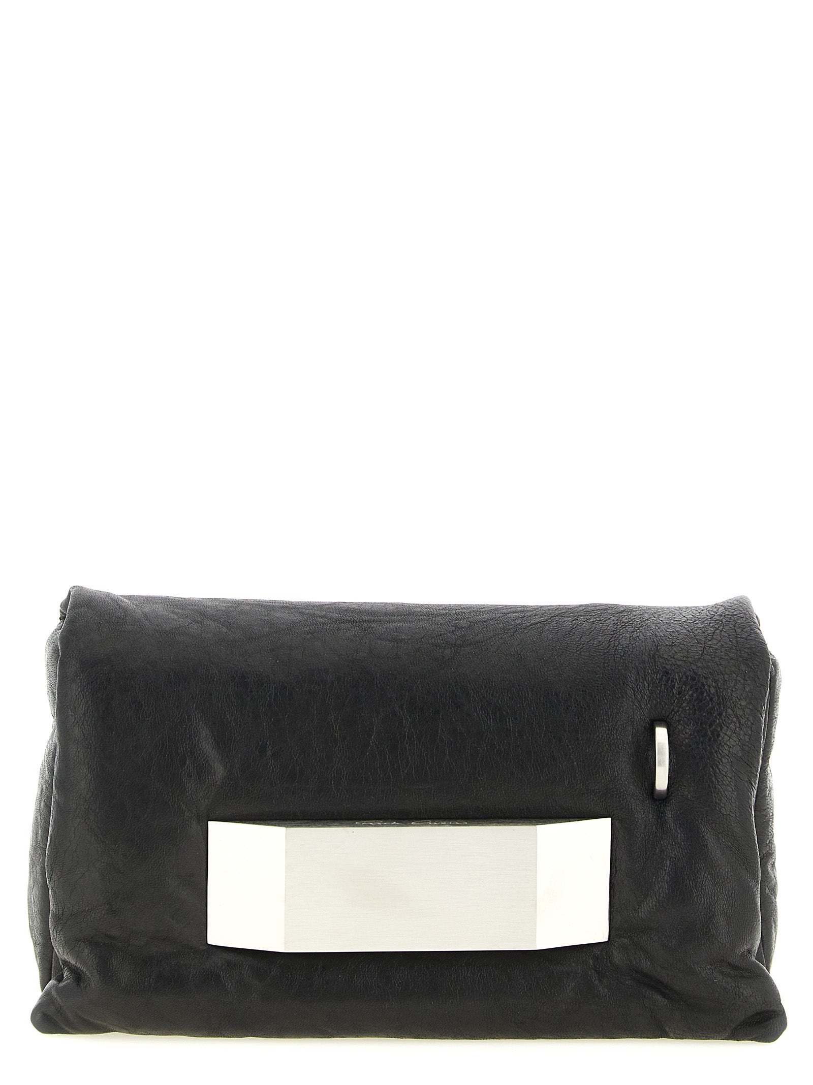 Flap Clutch Handbag by Rick Owens for women in lambskin leather polyester & palladium black & palladium showcases a sculptural silhouette, featuring a secure flap, ample , and versatile for a sculptural finish.