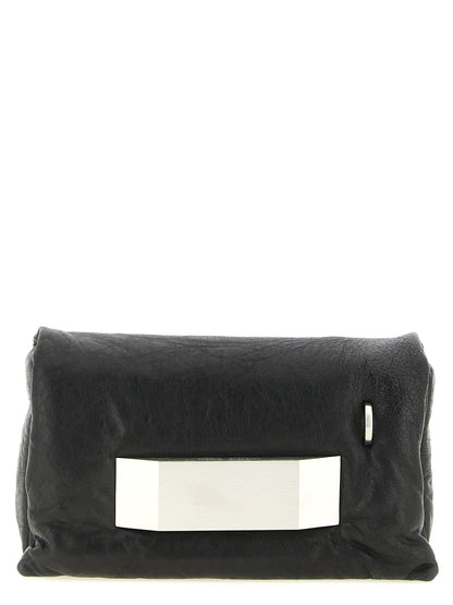 Flap Clutch Handbag by Rick Owens for women in lambskin leather polyester & palladium black & palladium showcases a sculptural silhouette, featuring a secure flap, ample , and versatile for a sculptural finish.
