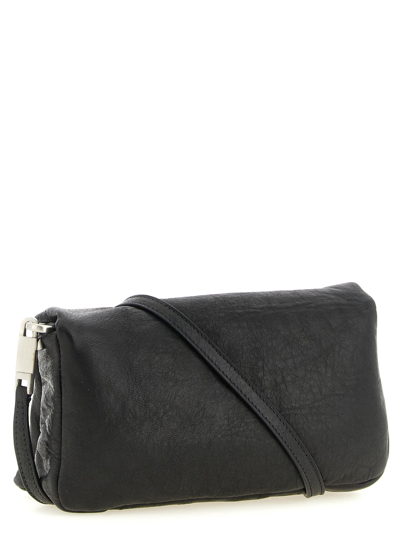 Flap Clutch Handbag by Rick Owens for women in lambskin leather polyester & palladium black & palladium features a statuesque silhouette, showcasing a secure flap and organized with versatile for statuesque evening wear.