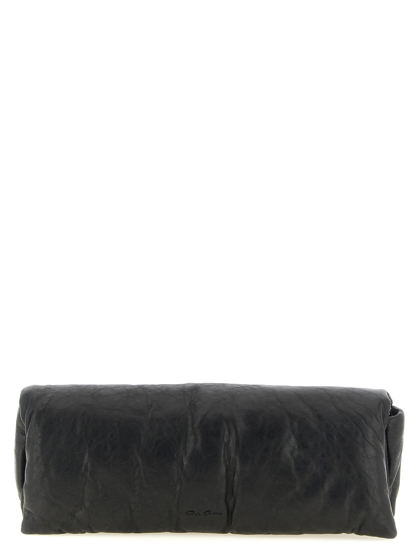 Flap Baguette Clutch Handbag by Rick Owens for women in polyester & lamb leather black & signature features a sculptural silhouette with a secure flap & magnetic, ample built-in-compartments & cardholder, and versatile for a sculptural finish.