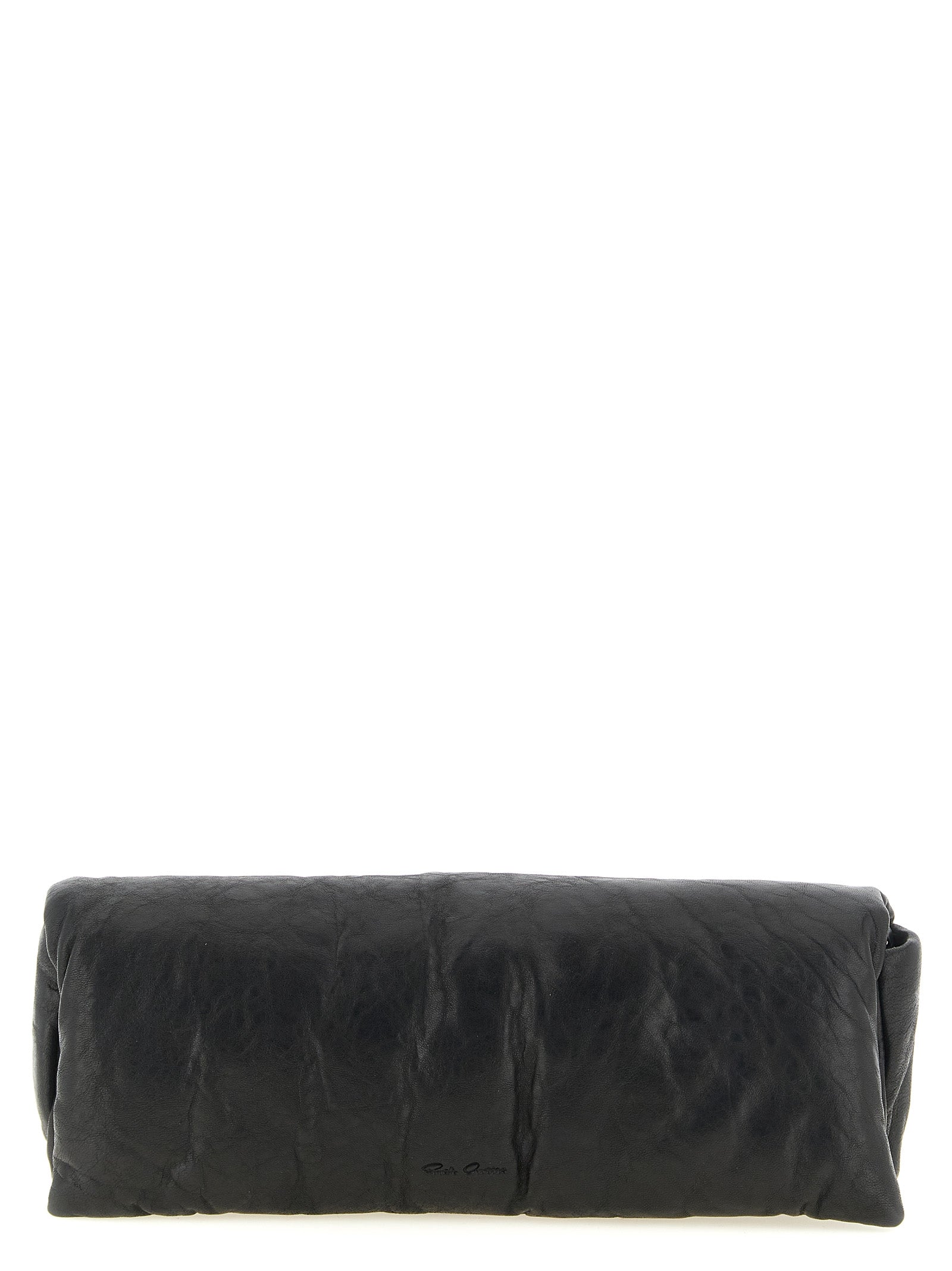 Flap Baguette Clutch Handbag by Rick Owens for women in polyester & lamb leather black & signature features a sculptural silhouette with a secure flap & magnetic, ample built-in-compartments & cardholder, and versatile for a sculptural finish.