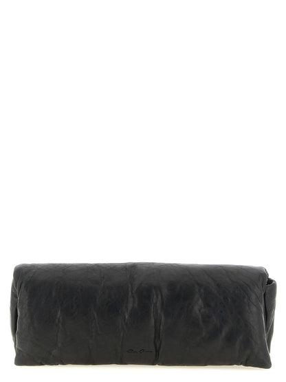 Flap Baguette Clutch Handbag by Rick Owens for women in polyester & lamb leather black & signature features a sculptural silhouette with a secure flap & magnetic, ample built-in-compartments & cardholder, and versatile for a sculptural finish.