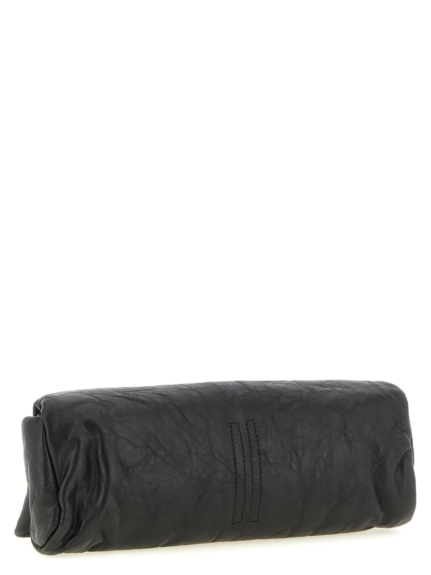 Flap Baguette Clutch Handbag by Rick Owens for women in polyester & lamb leather black & signature features a architectural silhouette, showcasing a secure flap & magnetic, ample built-in-compartments & cardholder, and versatile for a architectural finish.