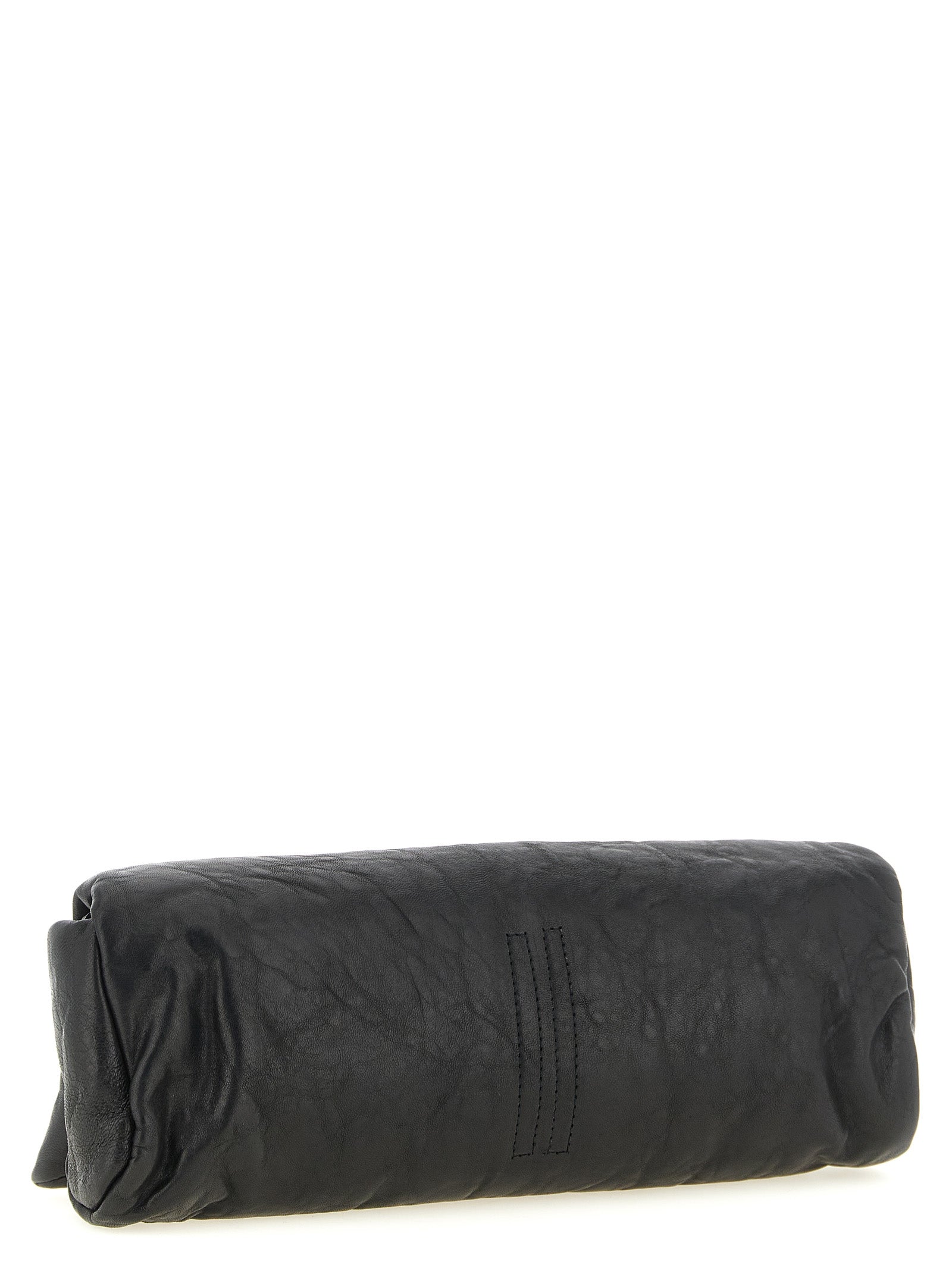 Flap Baguette Clutch Handbag by Rick Owens for women in polyester & lamb leather black & signature features a architectural silhouette, showcasing a secure flap & magnetic, ample built-in-compartments & cardholder, and versatile for a architectural finish.
