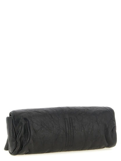 Flap Baguette Clutch Handbag by Rick Owens for women in polyester & lamb leather black & signature features a architectural silhouette, showcasing a secure flap & magnetic, ample built-in-compartments & cardholder, and versatile for a architectural finish.