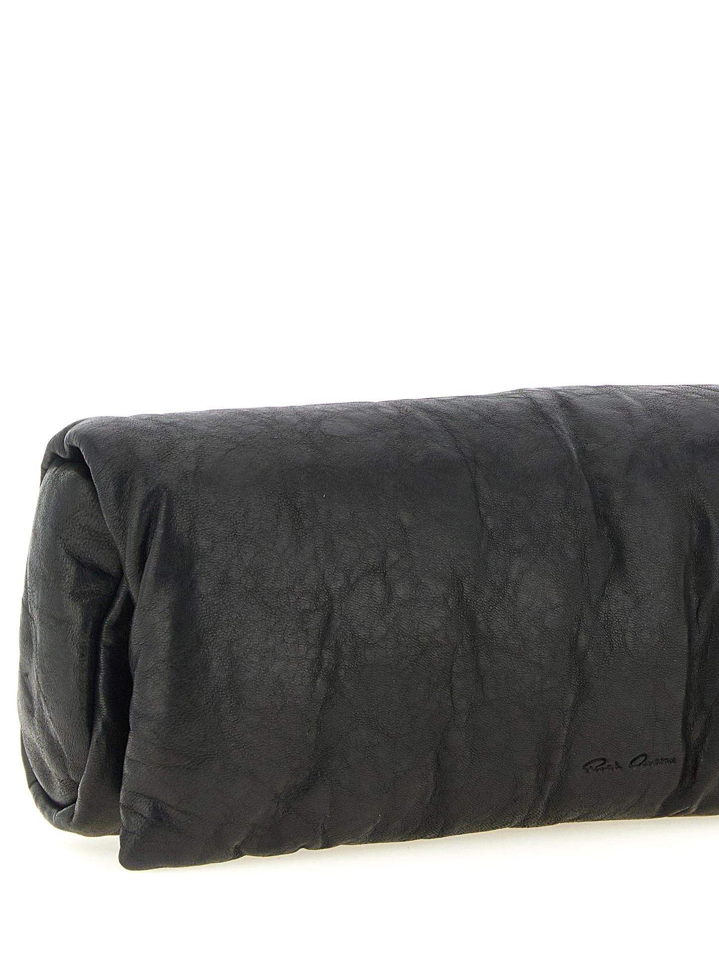 Flap Baguette Clutch Handbag by Rick Owens for women in polyester & lamb leather black & signature features an sculptural silhouette, showcasing a secure flap & magnetic and sculptural built-in-compartments & cardholder with versatile for a sophisticated look.