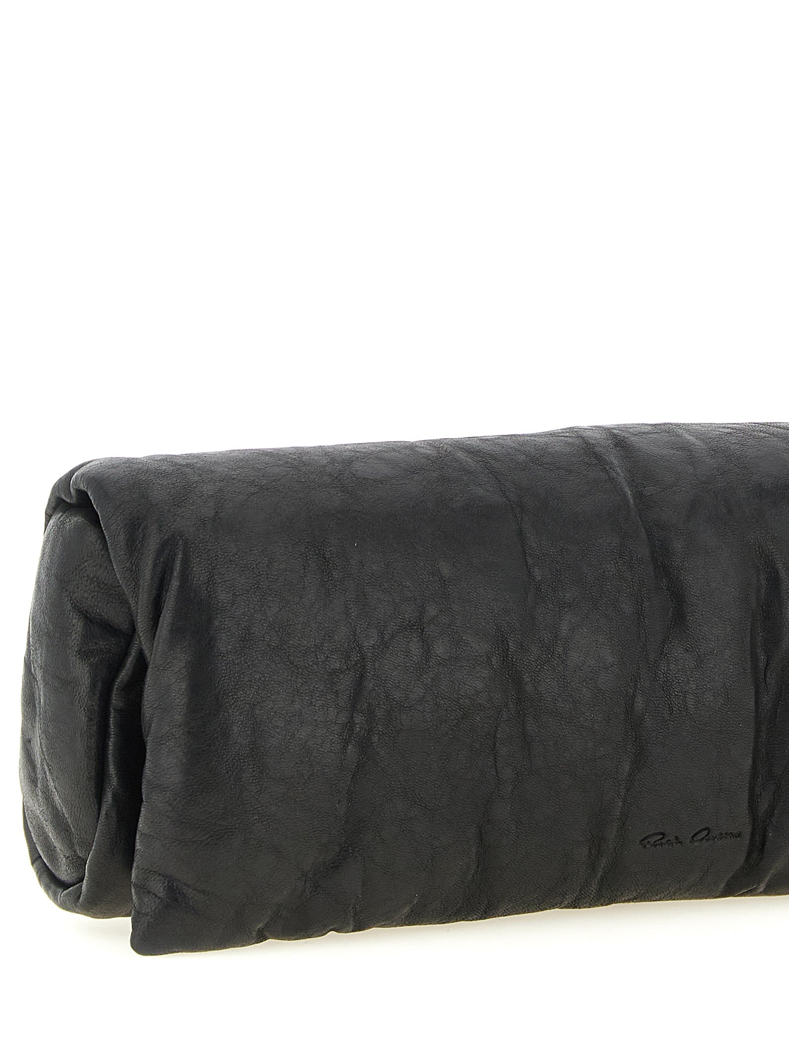 Flap Baguette Clutch Handbag by Rick Owens for women in polyester & lamb leather black & signature features an sculptural silhouette, showcasing a secure flap & magnetic and sculptural built-in-compartments & cardholder with versatile for a sophisticated look.