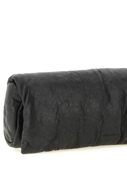Flap Baguette Clutch Handbag by Rick Owens for women in polyester & lamb leather black & signature features an sculptural silhouette, showcasing a secure flap & magnetic and sculptural built-in-compartments & cardholder with versatile for a sophisticated look.