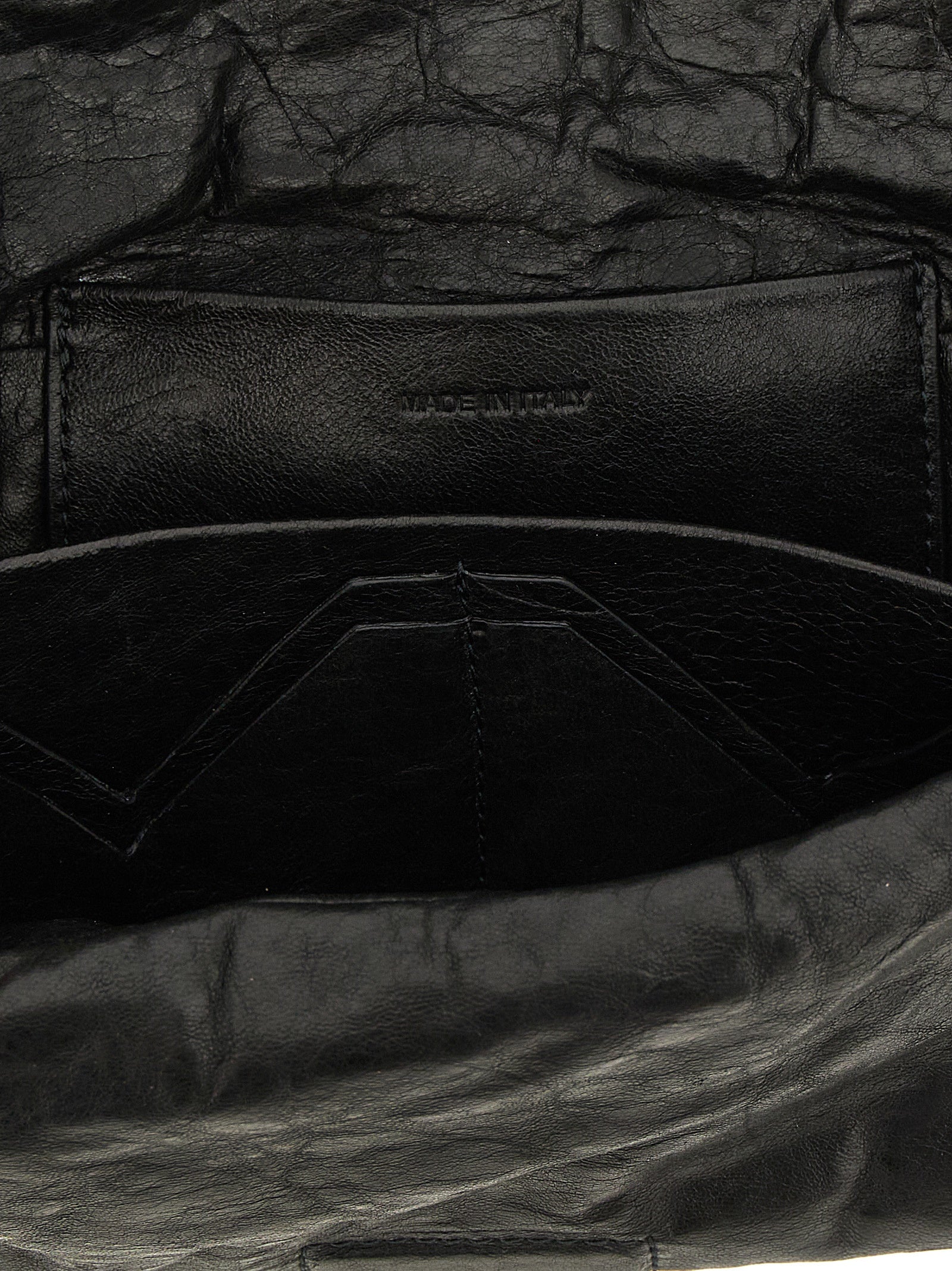 Flap Baguette Clutch Handbag by Rick Owens for women in polyester & lamb leather black & signature showcases a sculptural silhouette, featuring a secure flap & magnetic, ample built-in-compartments & cardholder, and versatile for a sculptural aesthetic.