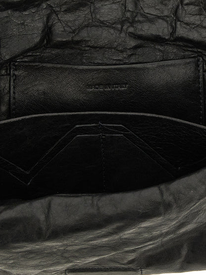 Flap Baguette Clutch Handbag by Rick Owens for women in polyester & lamb leather black & signature showcases a sculptural silhouette, featuring a secure flap & magnetic, ample built-in-compartments & cardholder, and versatile for a sculptural aesthetic.