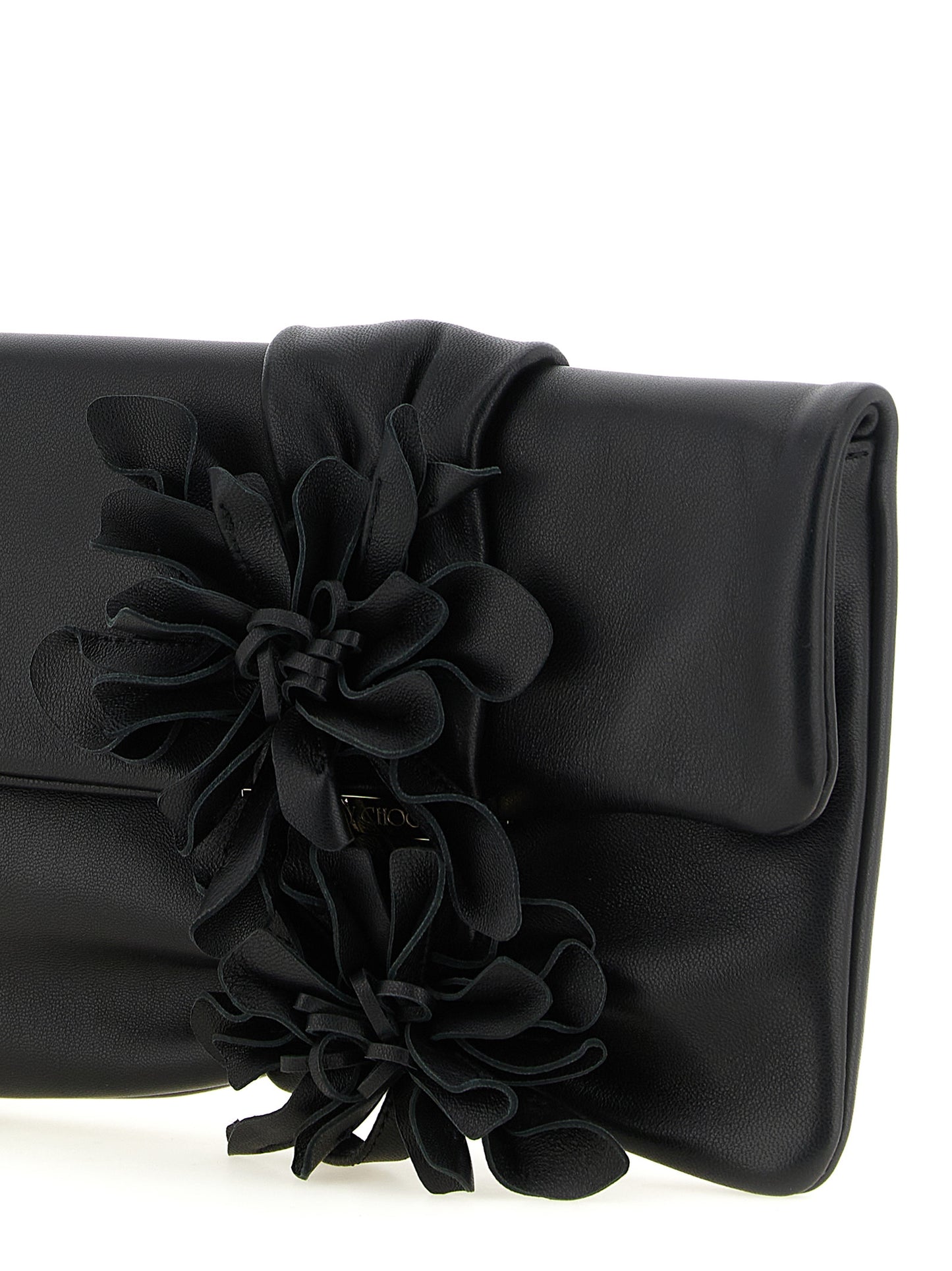 Evening Clutch Handbag by Jimmy Choo for women in lamb leather & satin black, gold, pink & floral features a sculptural silhouette with a secure , ample , and versatile for a sculptural finish.