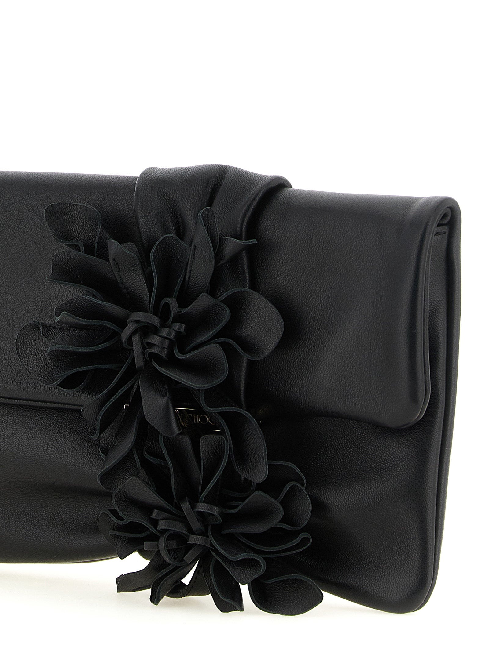 Evening Clutch Handbag by Jimmy Choo for women in lamb leather & satin black, gold, pink & floral features a sculptural silhouette with a secure , ample , and versatile for a sculptural finish.