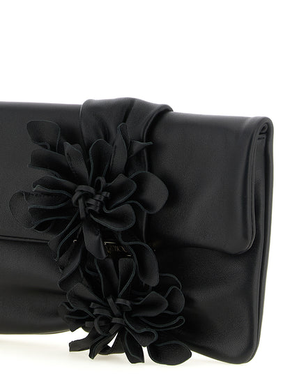 Evening Clutch Handbag by Jimmy Choo for women in lamb leather & satin black, gold, pink & floral features a sculptural silhouette with a secure , ample , and versatile for a sculptural finish.