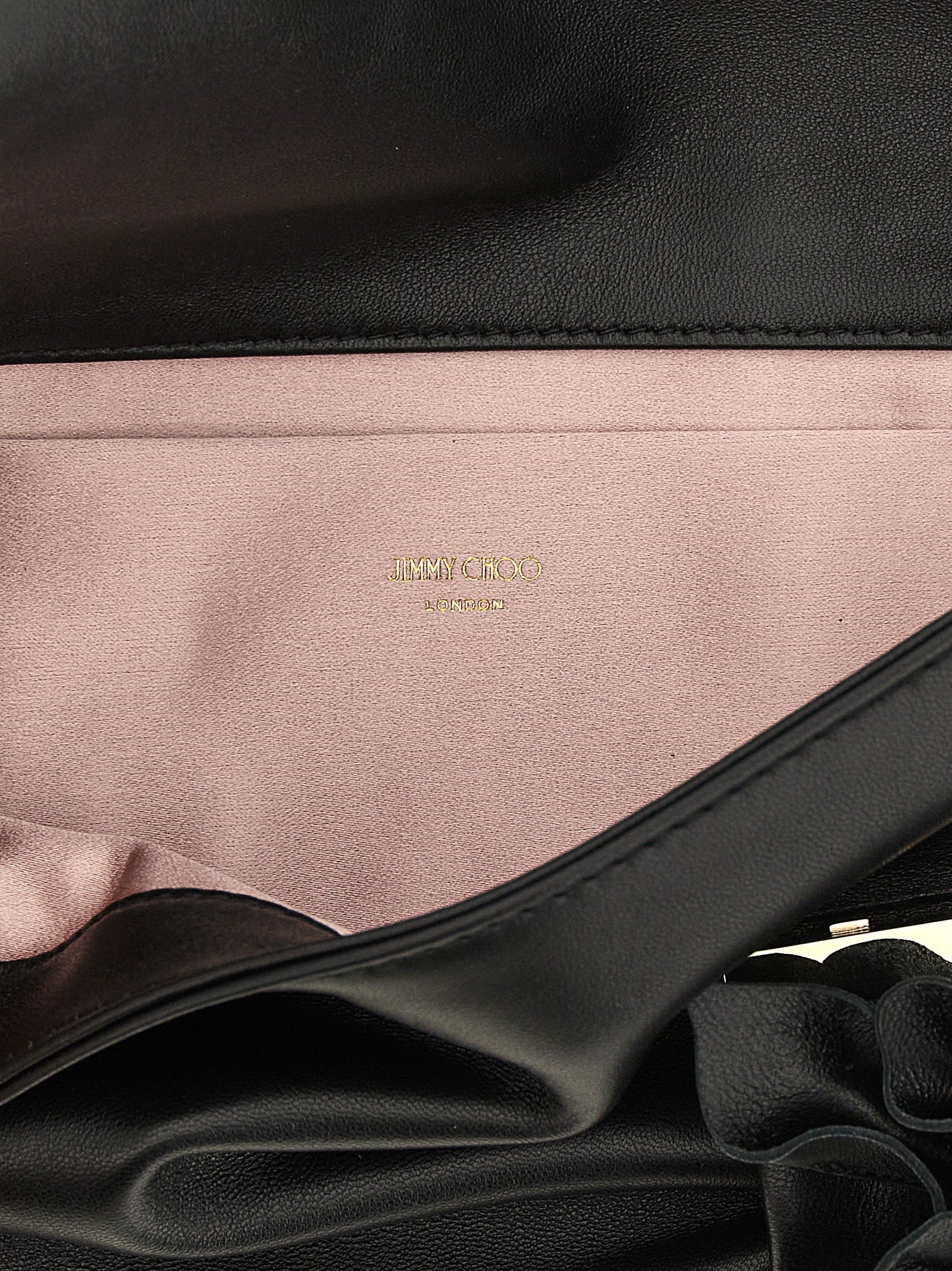 Evening Clutch Handbag by Jimmy Choo for women in lamb leather & satin black, gold, pink & floral features a sculptural silhouette with a secure , organized , and versatile for a sculptural finish.