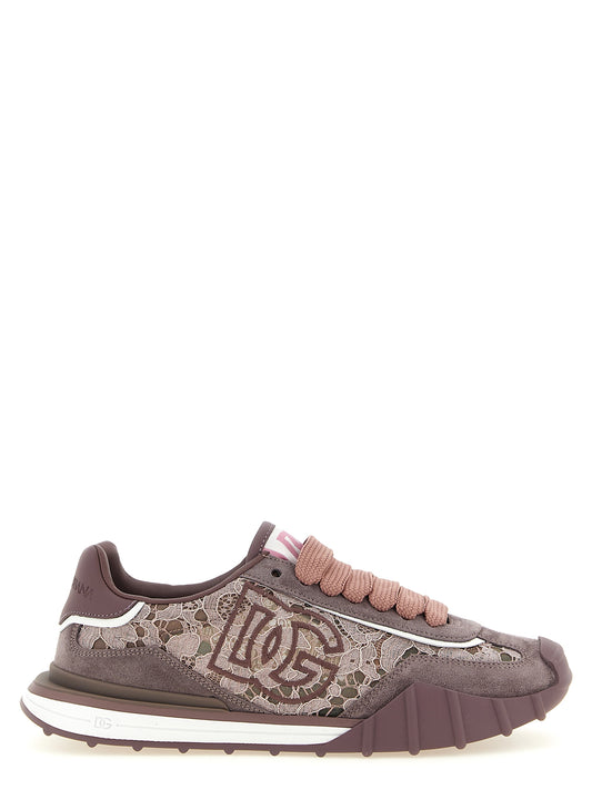Athletic Sneakers by Dolce & Gabbana for women in tu viscose cotton & suede leather purple & floral features an effortless chic silhouette, showcasing the signature low-top style of the Women's Low Top TU Viscose Cotton & Suede Leather Athletic Sneakers collection with a truly effortless chic finish.