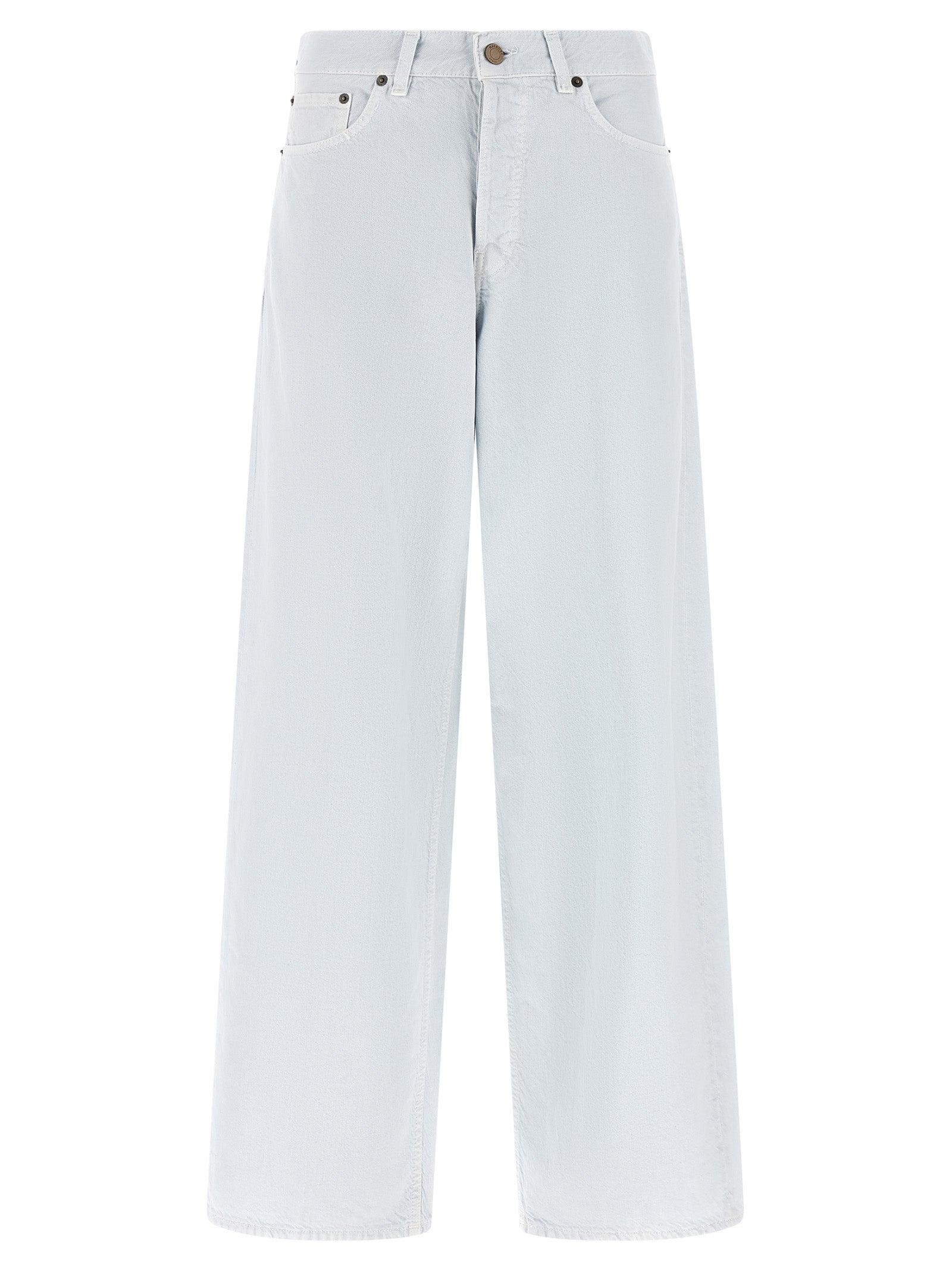 Jeans by Haikure for women in denim cotton & suede leather blue & white features an sartorial relaxed-fit & wide and long with a cut for a sartorial finish.