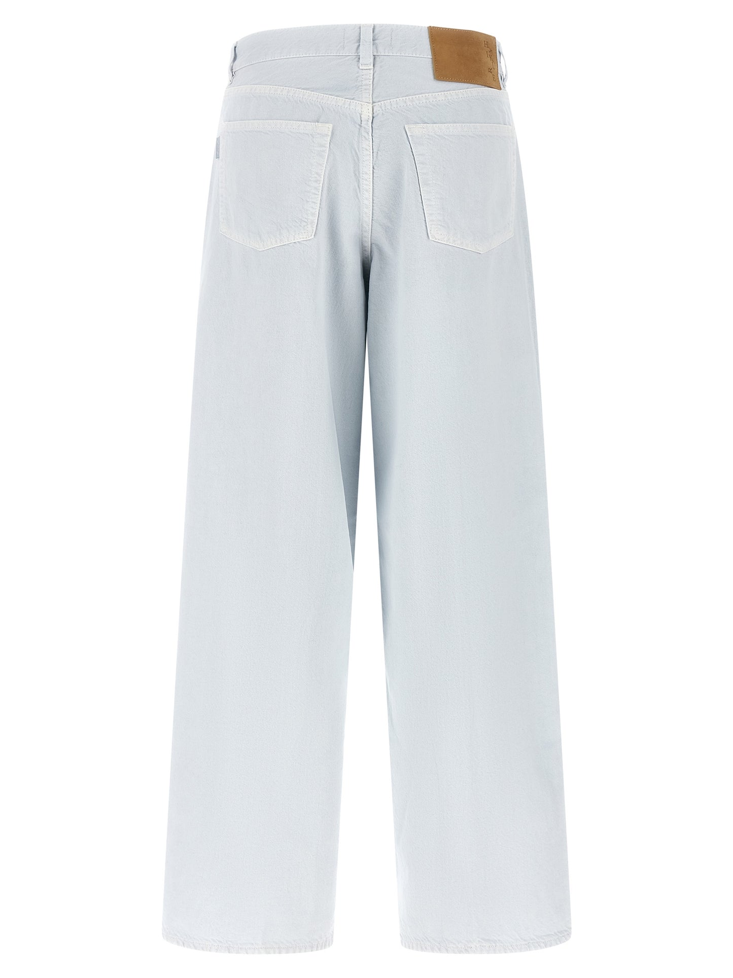Jeans by Haikure for women in denim cotton & suede leather blue & white features a refined silhouette with a refined relaxed-fit & wide, defined by a and a refined long for a refined finish.