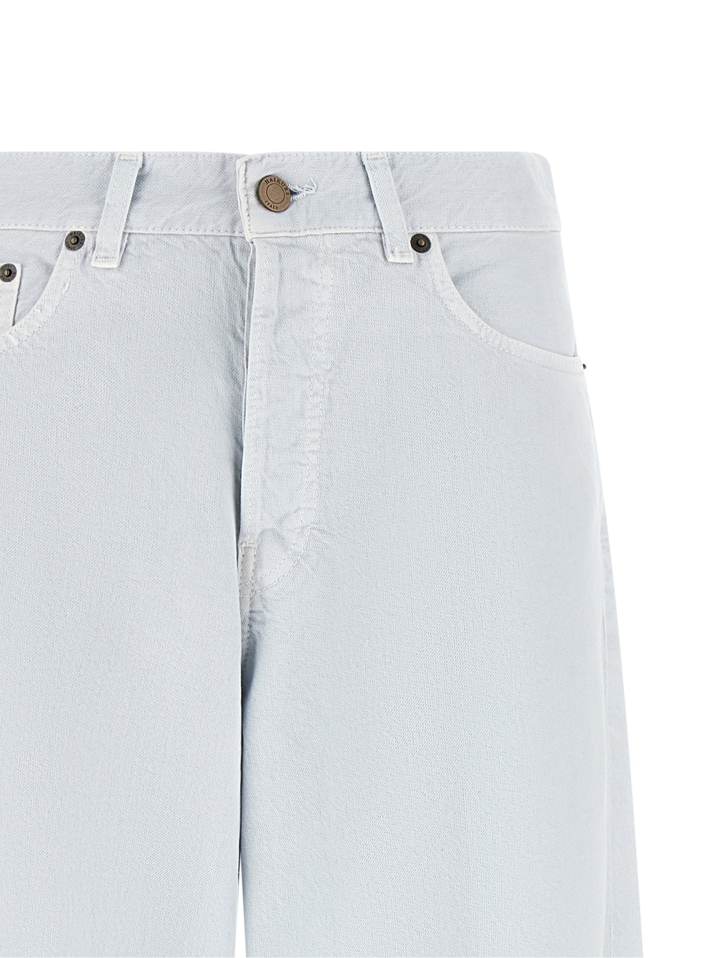 Jeans by Haikure for women in denim cotton & suede leather blue & white features an sartorial relaxed-fit & wide and long with a cut for a sartorial finish.