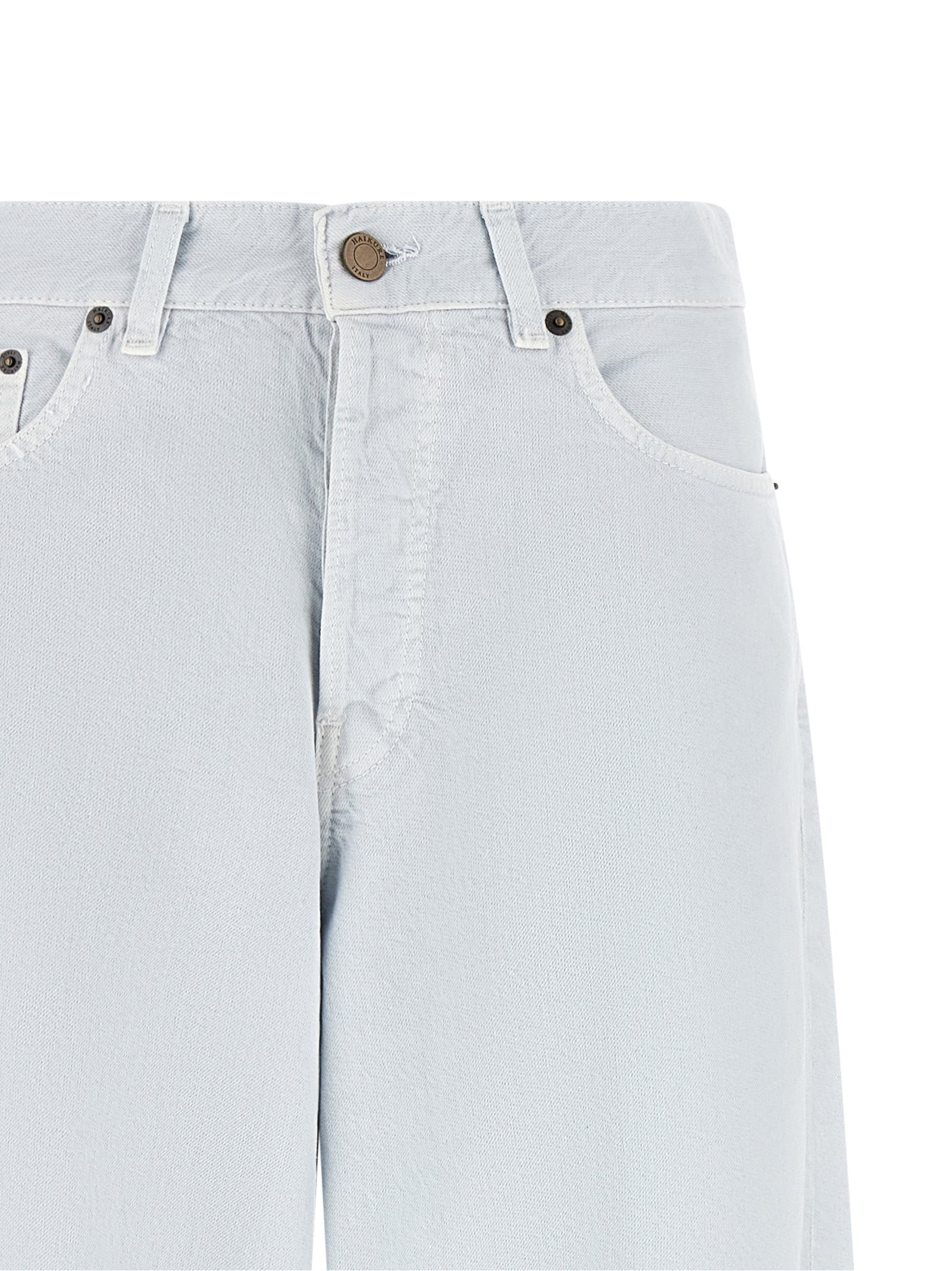 Jeans by Haikure for women in denim cotton & suede leather blue & white features an sartorial relaxed-fit & wide and long with a cut for a sartorial finish.