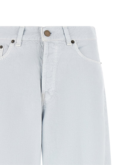 Jeans by Haikure for women in denim cotton & suede leather blue & white features an sartorial relaxed-fit & wide and long with a cut for a sartorial finish.