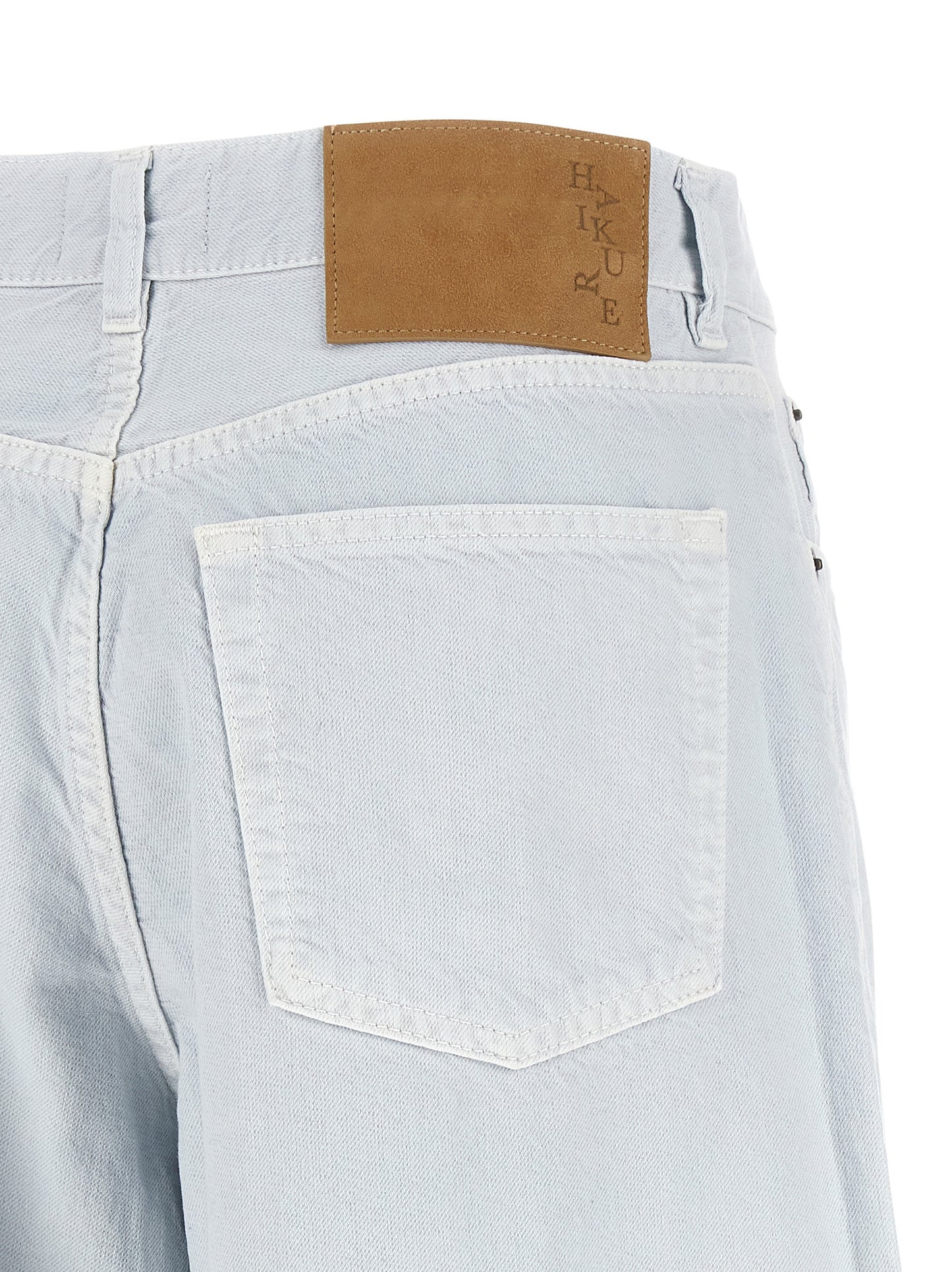 Jeans by Haikure for women in denim cotton & suede leather blue & white features a refined silhouette with a refined relaxed-fit & wide, defined by a and a refined long for a refined finish.