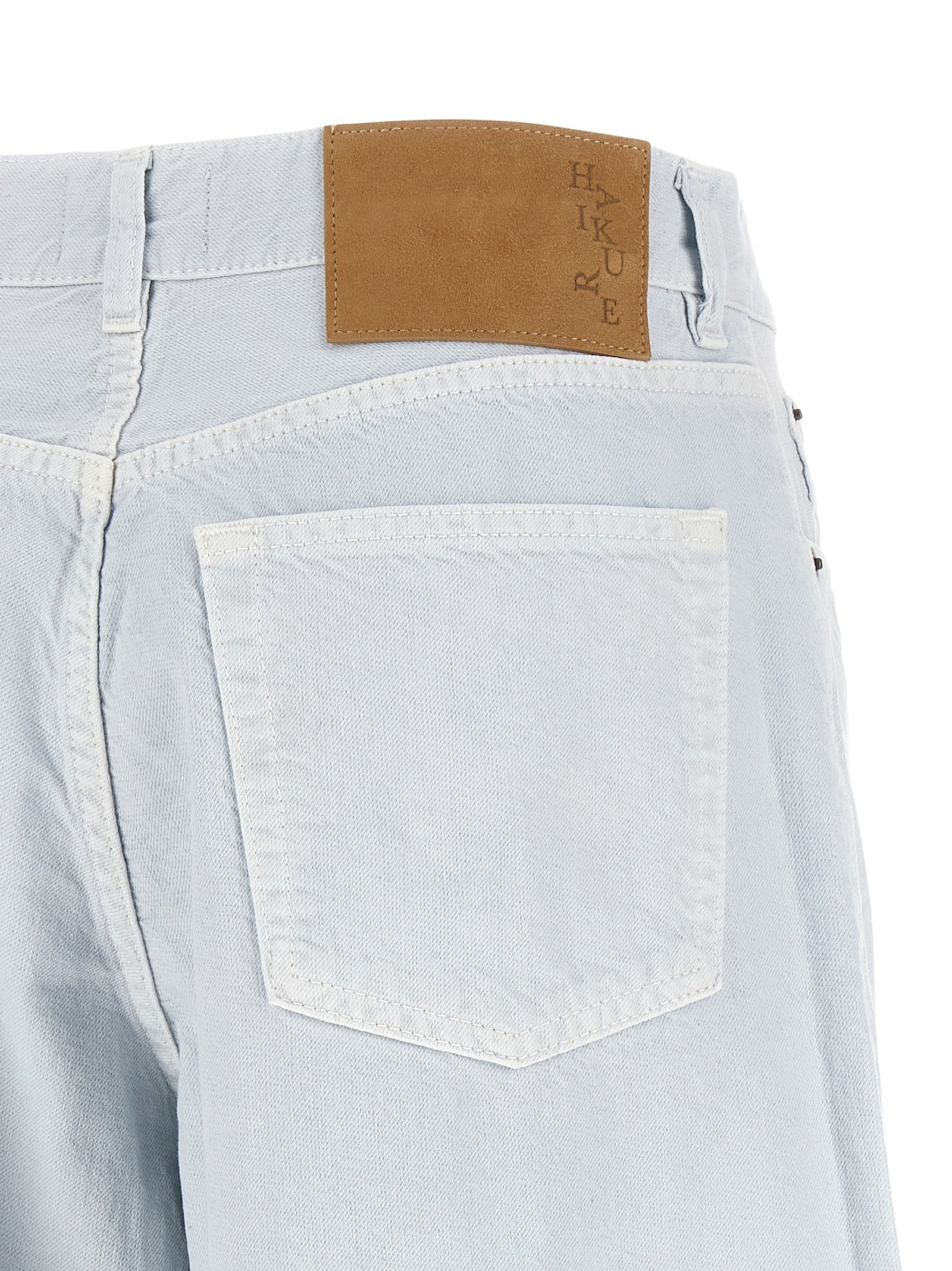 Jeans by Haikure for women in denim cotton & suede leather blue & white features a refined silhouette with a refined relaxed-fit & wide, defined by a and a refined long for a refined finish.