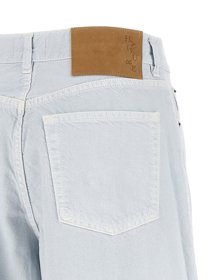 Jeans by Haikure for women in denim cotton & suede leather blue & white features a refined silhouette with a refined relaxed-fit & wide, defined by a and a refined long for a refined finish.