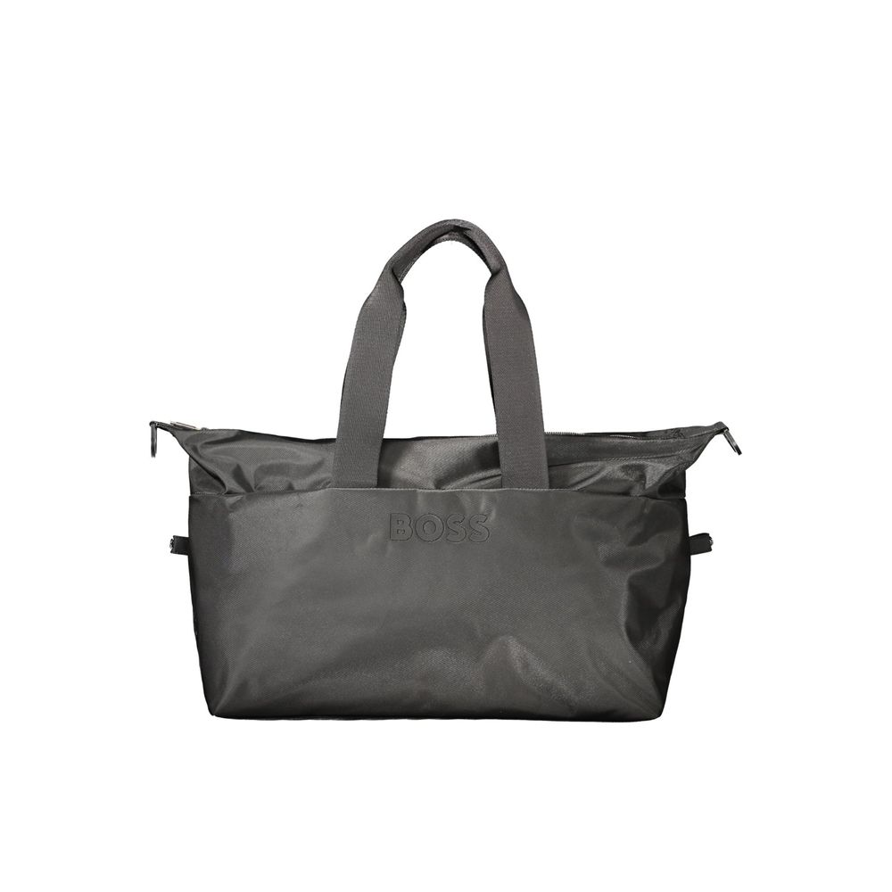 Travel Handbag by Hugo Boss for unisex in polyethylene polyurethane & mesh black features an refined silhouette, showcasing a secure zipper & magnetic, ample internal-pockets, and versatile shoulder-strap, adjustable-strap & handle for a sophisticated refined aesthetic.