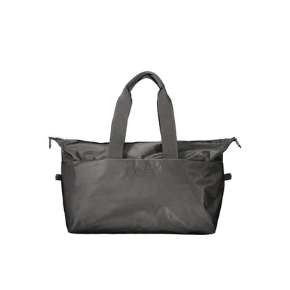 Travel Handbag by Hugo Boss for unisex in polyethylene polyurethane & mesh black features an refined silhouette, showcasing a secure zipper & magnetic, ample internal-pockets, and versatile shoulder-strap, adjustable-strap & handle for a sophisticated refined aesthetic.