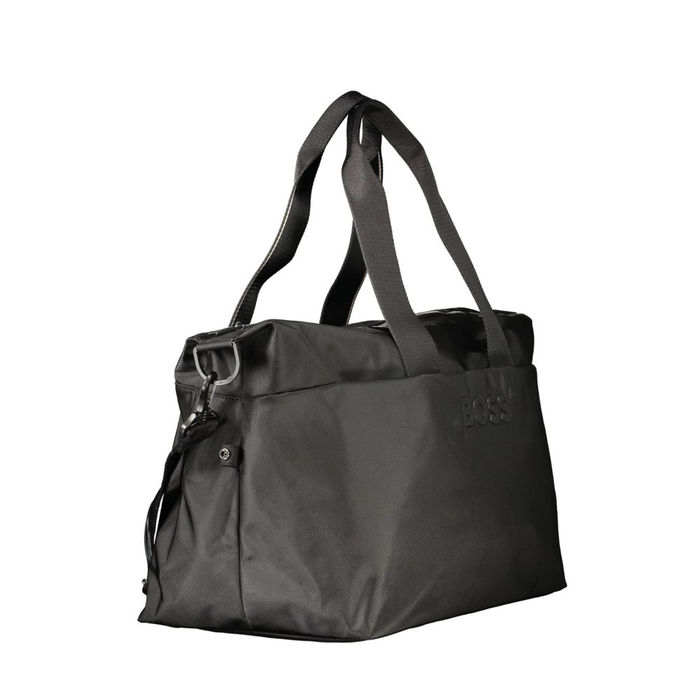 Travel Handbag by Hugo Boss for unisex in polyethylene polyurethane & mesh black features a refined silhouette, showcasing a secure zipper & magnetic, organized internal-pockets, and versatile shoulder-strap, adjustable-strap & handle for a refined finish.