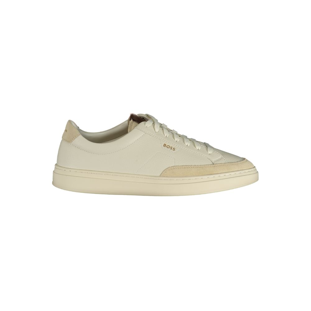 Athletic Sneakers by Hugo Boss for men in polyester polyurethane leather beige, white & print showcases an impeccable silhouette, defined by an impeccable athletic style design that perfectly captures the essence of the Men's Athletic Polyester Polyurethane Leather Sneakers.
