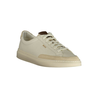 Athletic Sneakers by Hugo Boss for men in polyester polyurethane leather beige, white & print features an stately silhouette, showcasing the signature athletic style of the Men's Athletic Polyester Polyurethane Leather Sneakers collection with a truly stately finish.