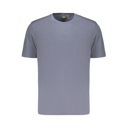 T-Shirt by Hugo Boss for men in stretch organic cotton blue & signature showcases a fashionable silhouette, elegantly detailed with a fashionable short-sleeve and crew neckline for a sophisticated, high-fashion look.
