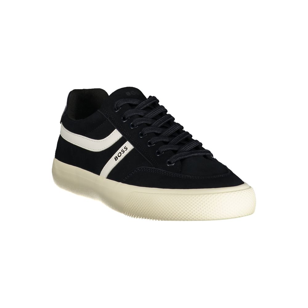 Athletic Sneakers by Hugo Boss for men in polyester & polyurethane blue, white & print presents a sleek silhouette, perfectly capturing the athletic style essence of Men's Athletic Polyester & Polyurethane Sneakers with its sleek design and premium finish.