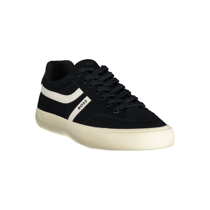 Athletic Sneakers by Hugo Boss for men in polyester & polyurethane blue, white & print presents a sleek silhouette, perfectly capturing the athletic style essence of Men's Athletic Polyester & Polyurethane Sneakers with its sleek design and premium finish.