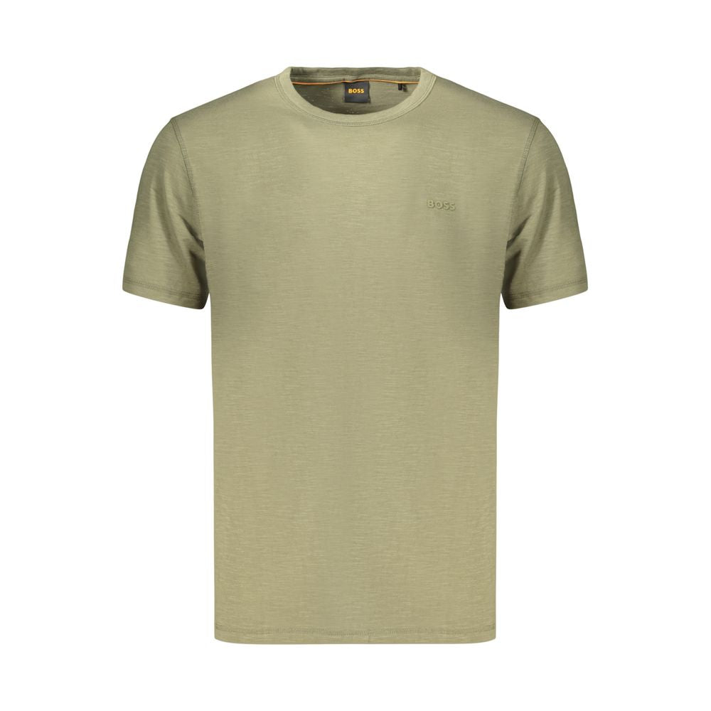 T-Shirt by Hugo Boss for men in cotton green & print showcases a unassuming silhouette, artfully detailed with a refined crew neckline and unassuming for a sophisticated, contemporary look.