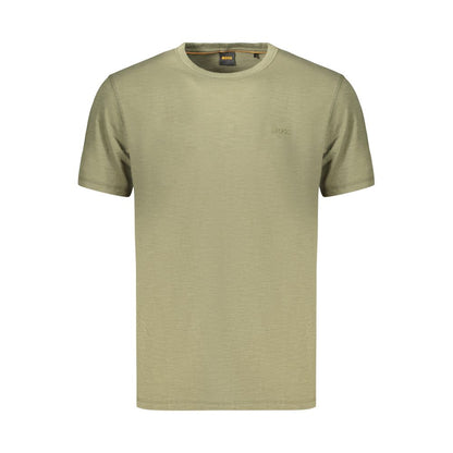 T-Shirt by Hugo Boss for men in cotton green & print showcases a unassuming silhouette, artfully detailed with a refined crew neckline and unassuming for a sophisticated, contemporary look.