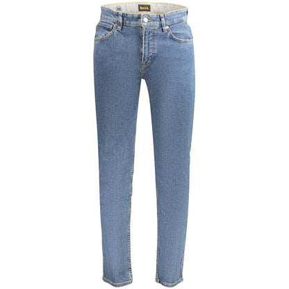 Jeans by Hugo Boss for men in stretch denim cotton blue features an sophisticated and tapered-leg & slim with a precise long, creating a sophisticated and sophisticated silhouette.