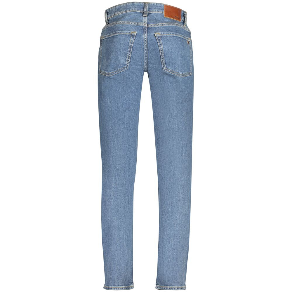 Jeans by Hugo Boss for men in stretch denim cotton blue presents a tailored silhouette, showcasing a tailored tapered-leg & slim and long cut with a refined for a truly tailored aesthetic.