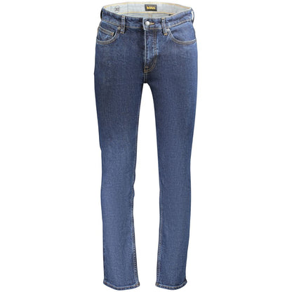 Jeans by Hugo Boss for men in stretch denim cotton blue & signature features a polished silhouette with a polished slim, reaching a polished long and finished with a polished .